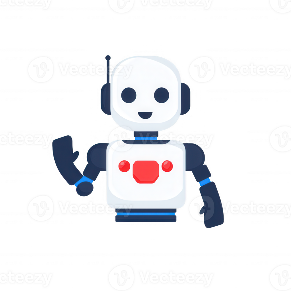 A friendly robot character with headphones and a waving hand, designed for digital usage on a white isolated background, perfect for tech themes or AI concepts. png
