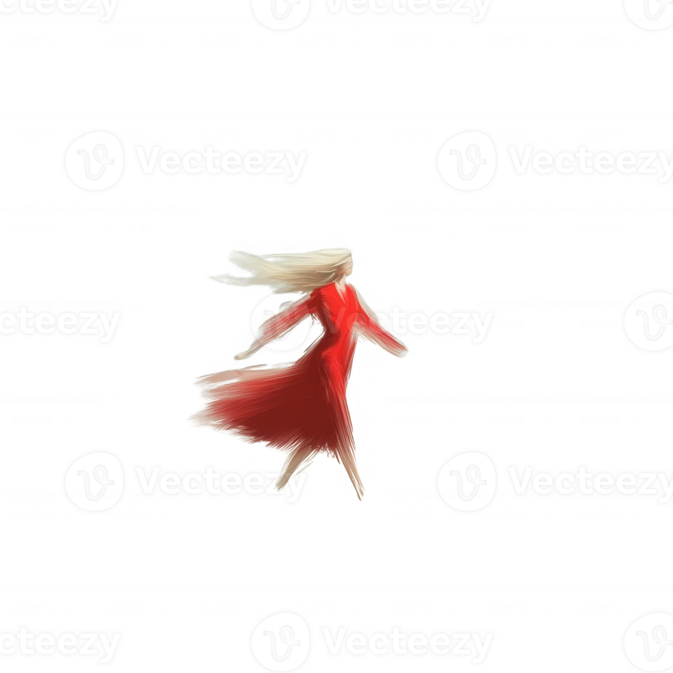 A graceful dancer in a flowing red dress twirls joyfully, capturing the essence of movement and freedom with a soft focus backdrop. png