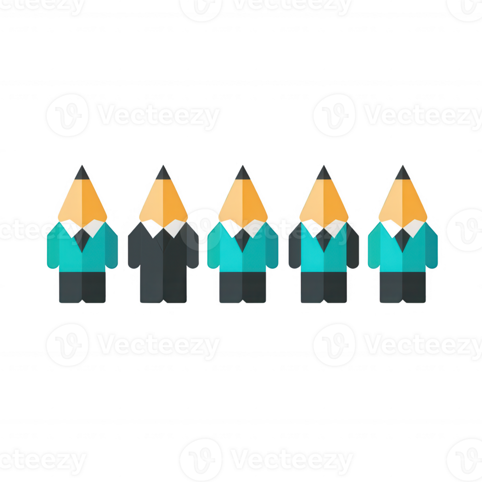 A group of cartoon pencil characters dressed in business attire, symbolizing creativity and professionalism, isolated on a white background. png