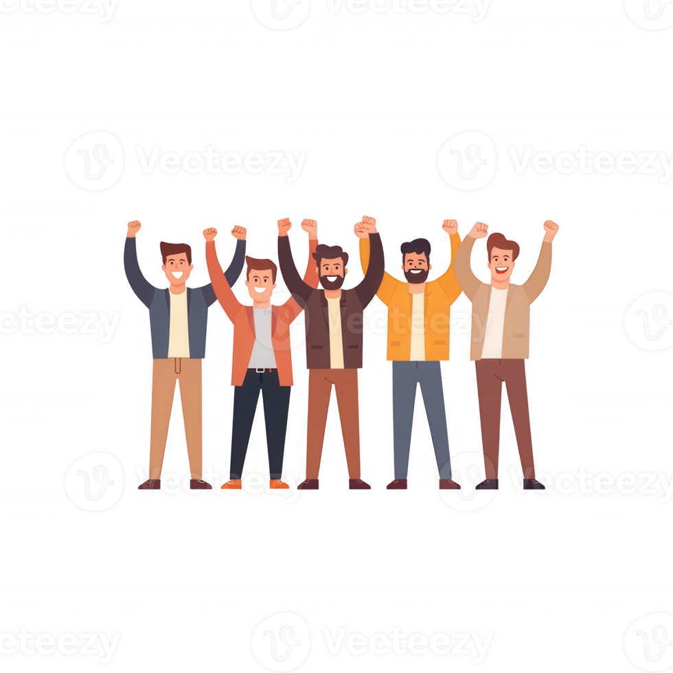 A group of diverse men celebrating together with raised arms in a joyful expression. A vibrant illustration depicting unity and happiness. png
