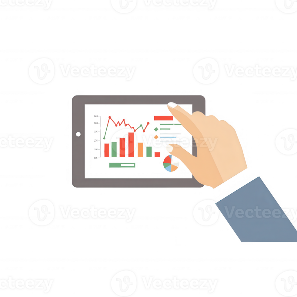 A hand interacting with a tablet displaying colorful graphs and data, showcasing the analysis in a modern digital environment. png