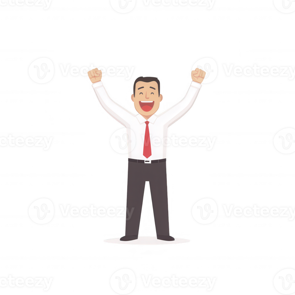 A joyful business professional celebrating success with raised arms. The character portrays enthusiasm and positivity, ideal for themes of motivation and achievement. png