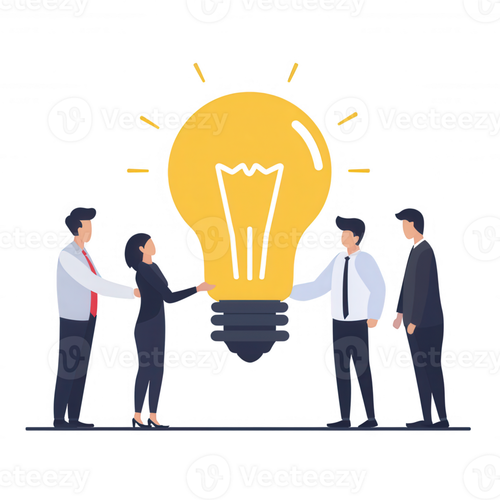 A group of professionals exchanging innovative ideas, represented by a large light bulb. Ideal for concepts like teamwork, collaboration, and brainstorming in a business context. png