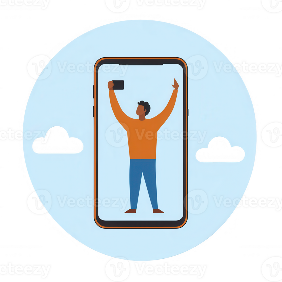 A joyful person taking a selfie with a smartphone, surrounded by stylized clouds, depicting modern communication and self-expression in a digital age. png