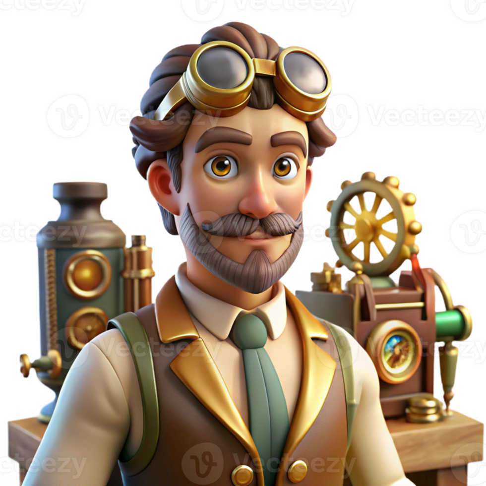 serene modern extraordinary rustic A Portrait of a Steampunk Inventor in detailed premium png