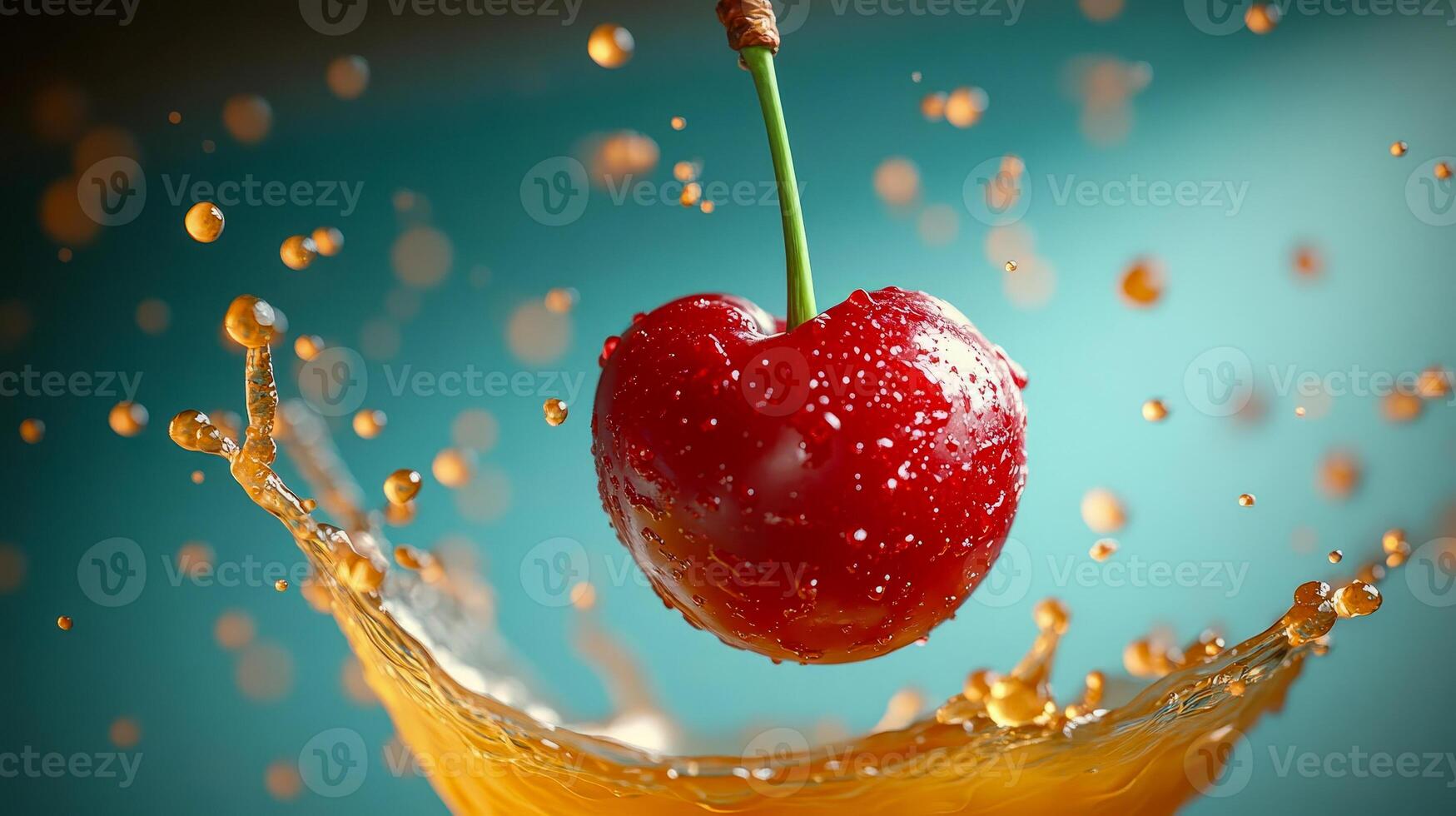A ripe cherry berry suspended in the air, with juice splashing around it, on a bright turquoise background photo