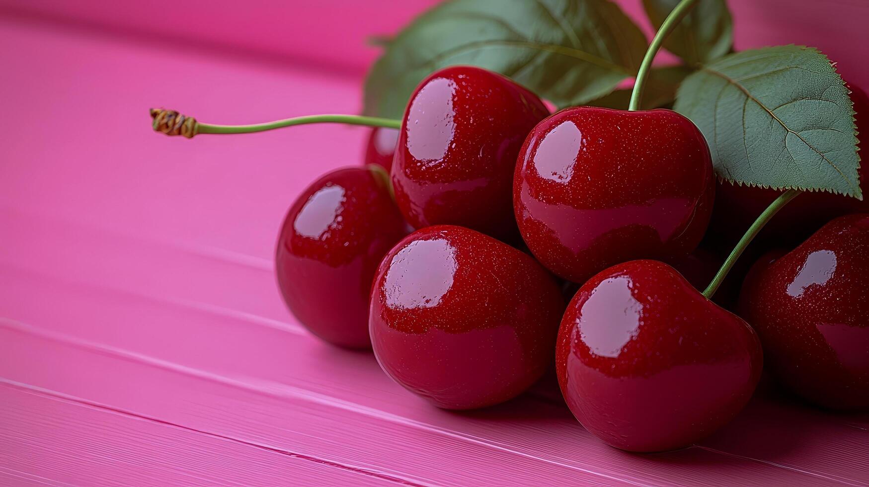 A group of ripe cherries with green leaves lies against an isolated pink background photo