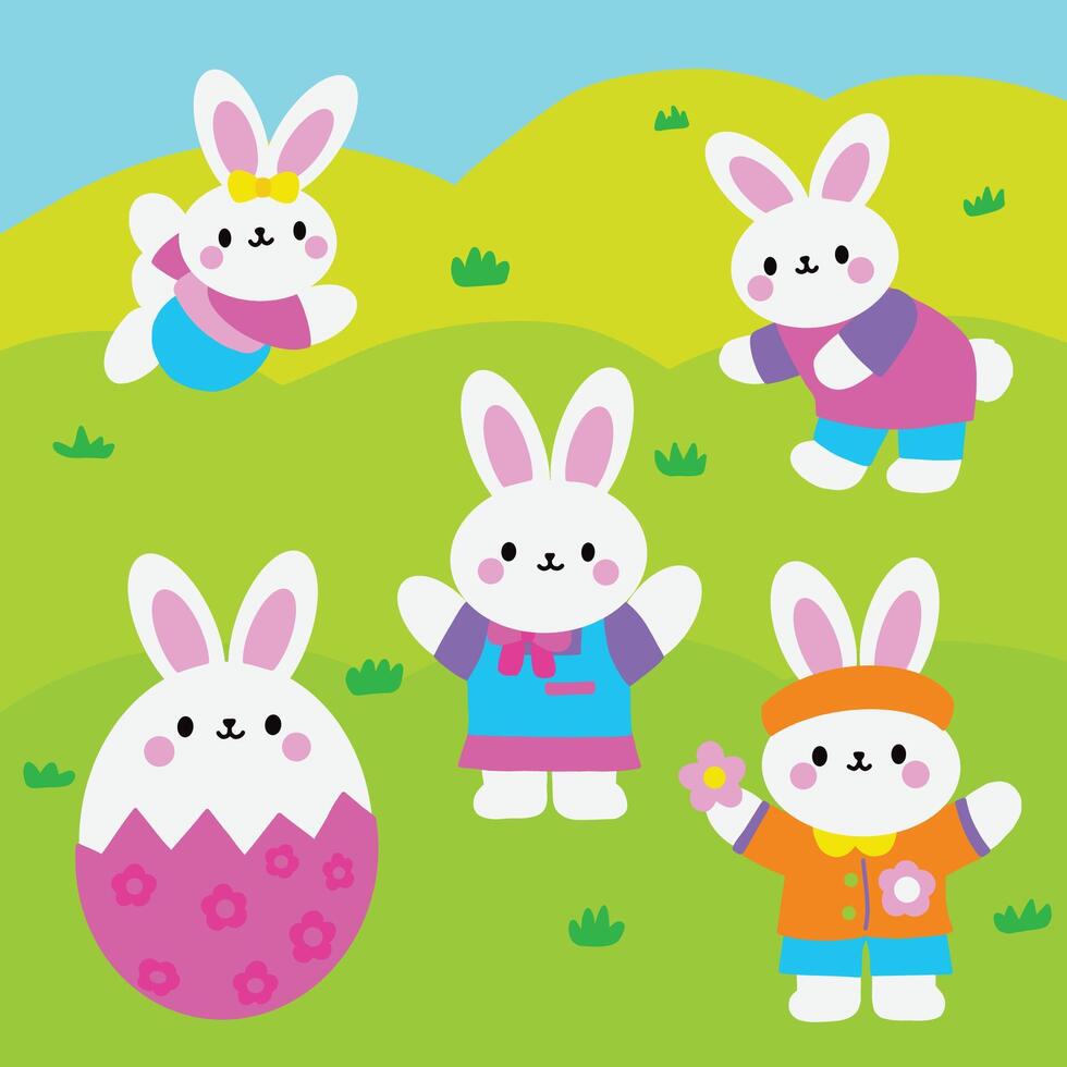 happy easter day with bunny rabbit illustration vector