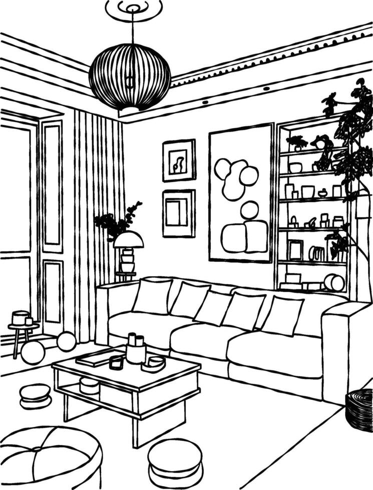 sketch of a cozy room with big sofa and several painting illustration vector