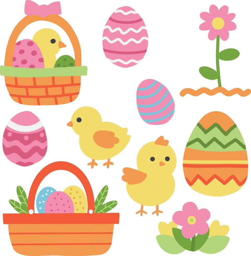 set of happy easter event eggs cute chicken flower basket illustration vector