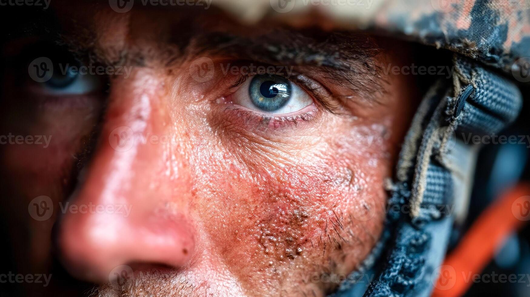The face of a male soldier wearing a helmet with a strained look during the fighting in the war photo