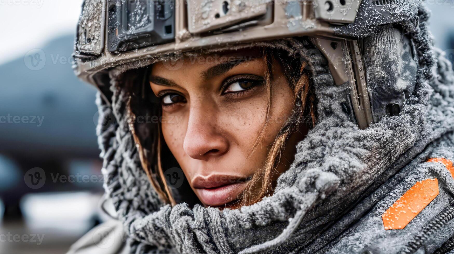 A woman in military gear during combat operations photo
