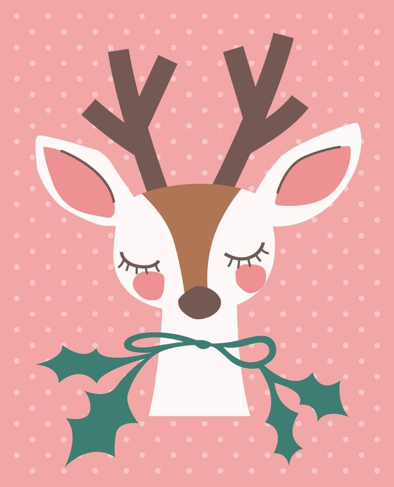 Cute Cartoon Reindeer Head with Holly on Pink Dotted Background vector