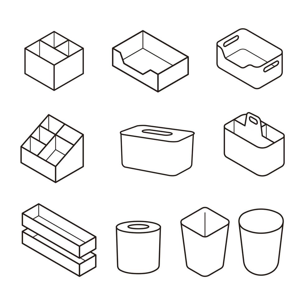 Set of Line Art Icons Featuring Various Office Storage Boxes and Containers vector