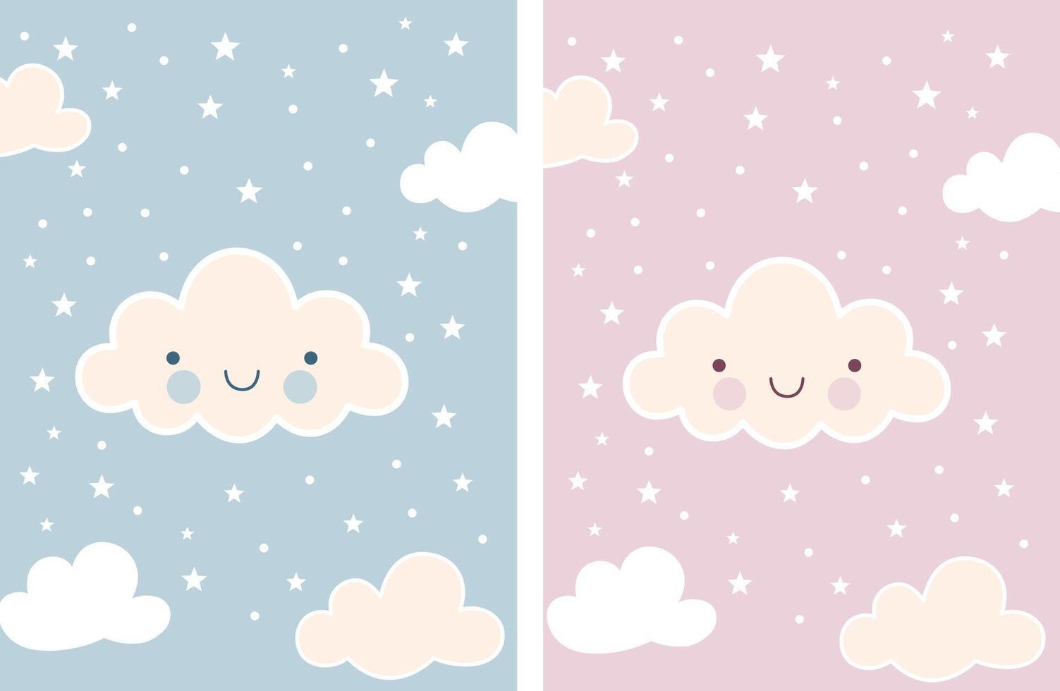 Cute Kawaii Clouds and Stars Pattern on Blue and Pink Backgrounds vector
