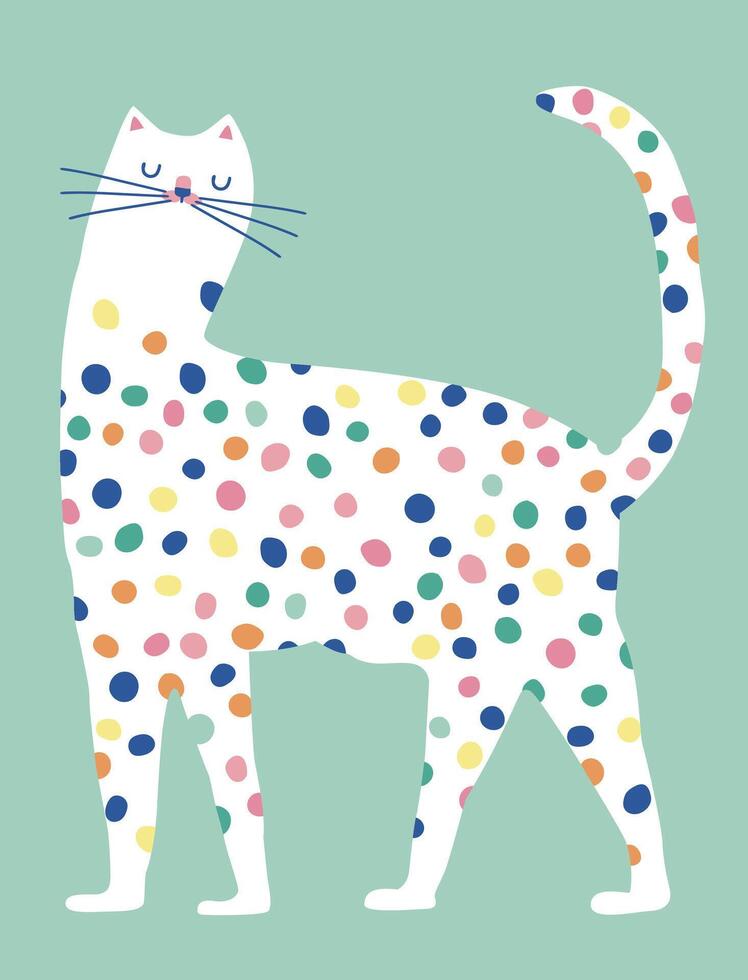 Spotted Cat Illustration with Polka Dots on Green Background vector