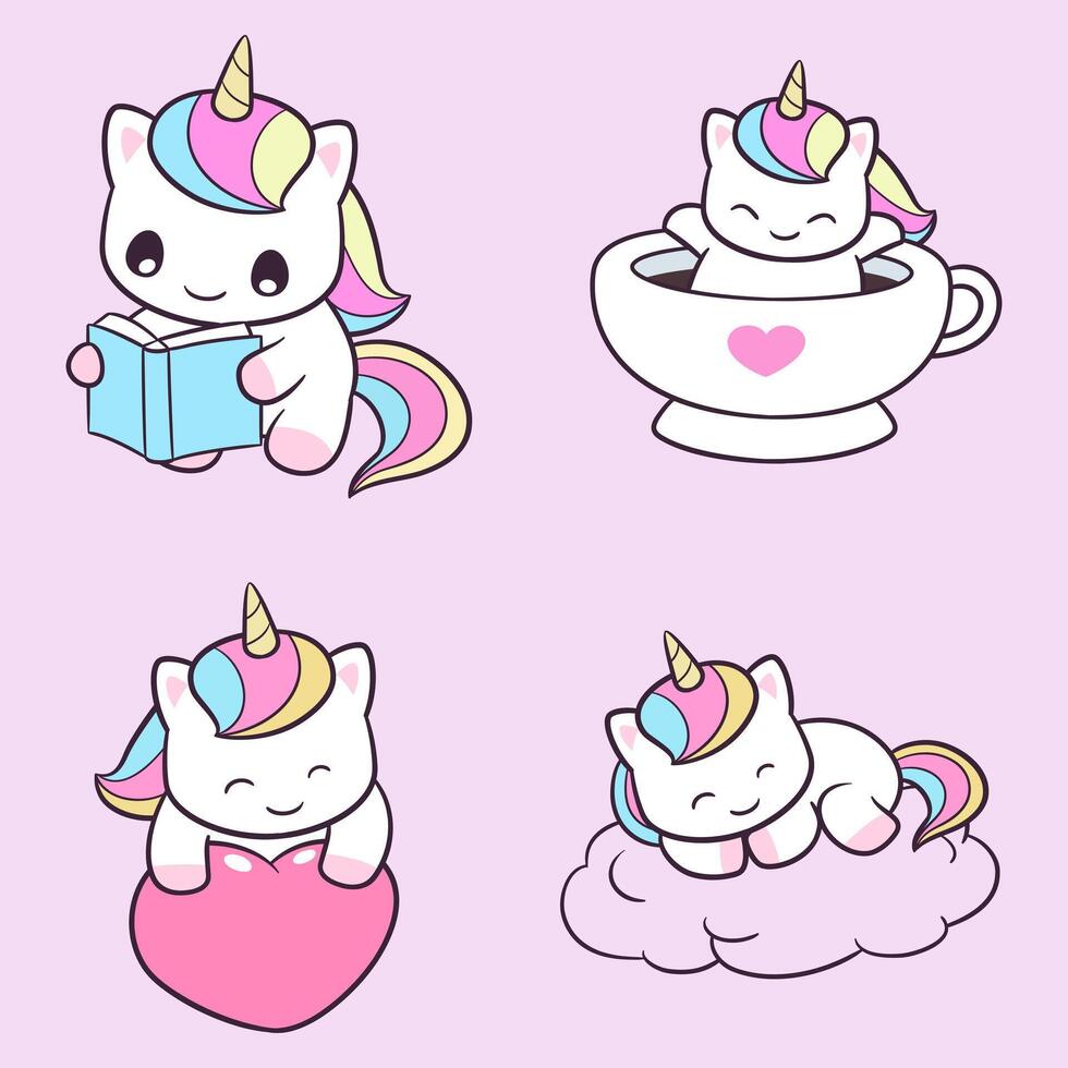 Cute unicorn stickers set with different types of unicorns vector