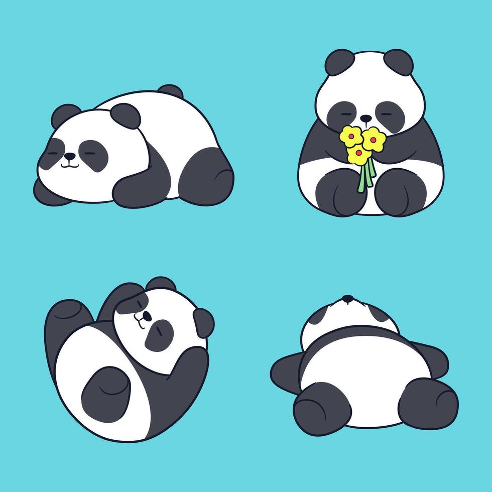 four panda bears with flowers on a blue background vector