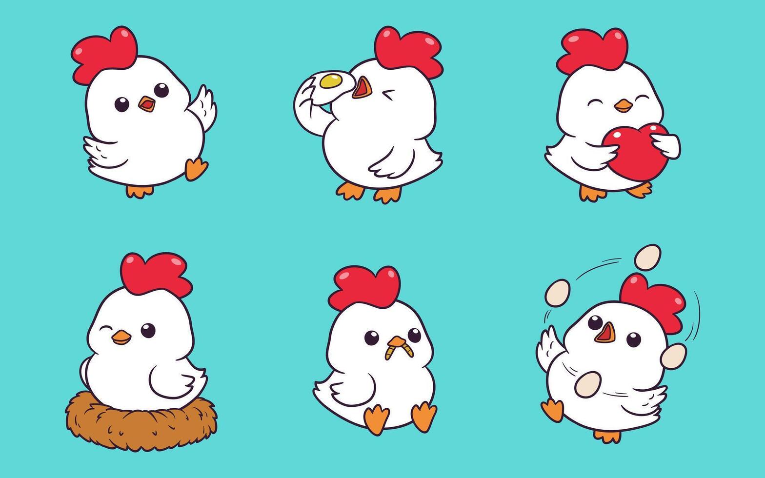 Cartoon chicken with different poses and expressions vector