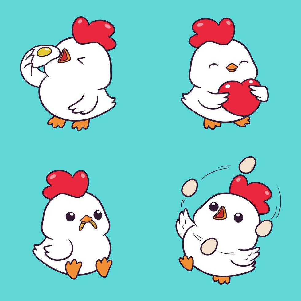 cartoon chicken happy with different poses and expressions vector