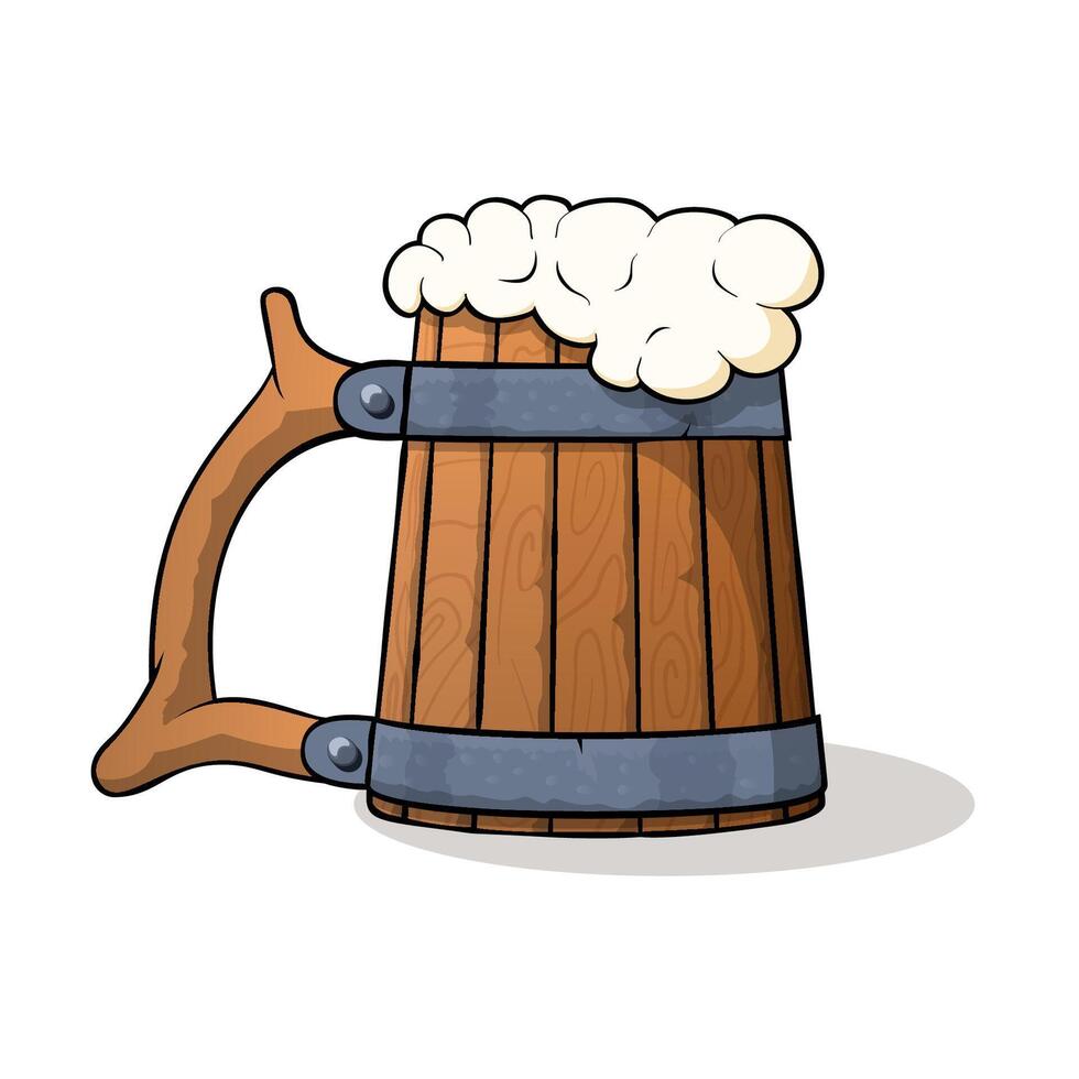 Wooden beer mug with beer and froth vector
