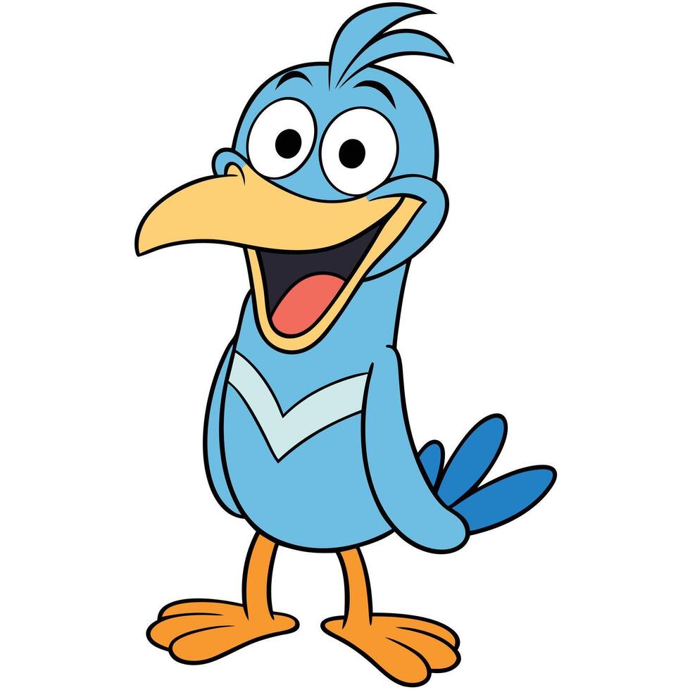 Joyful blue cartoon bird character with open beak standing isolated vector