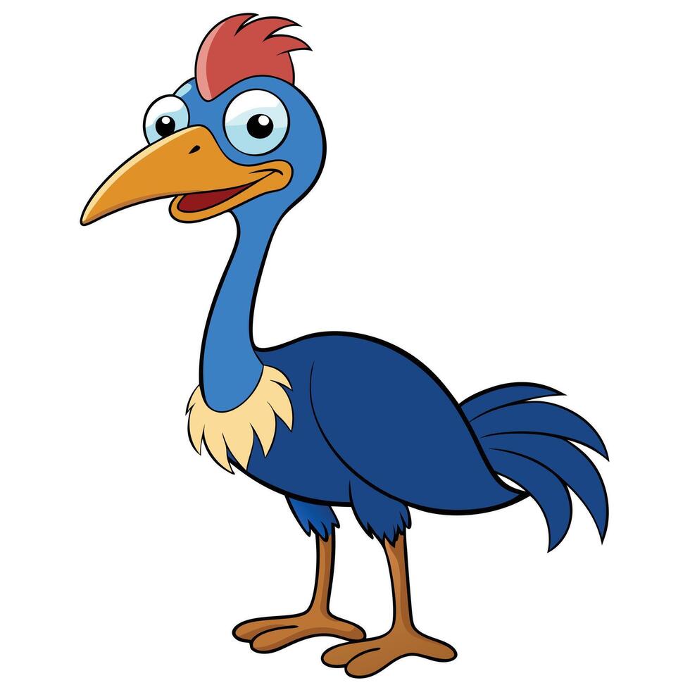 Cartoon illustration of a blue cassowary bird with red crest standing straight vector