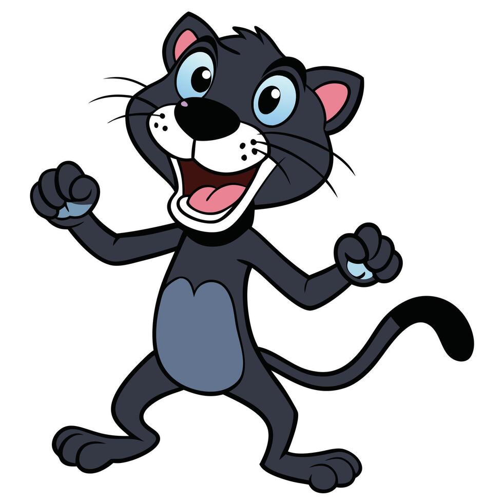 Cheerful cartoon panther mascot celebrating with raised fists and big smile illustration vector