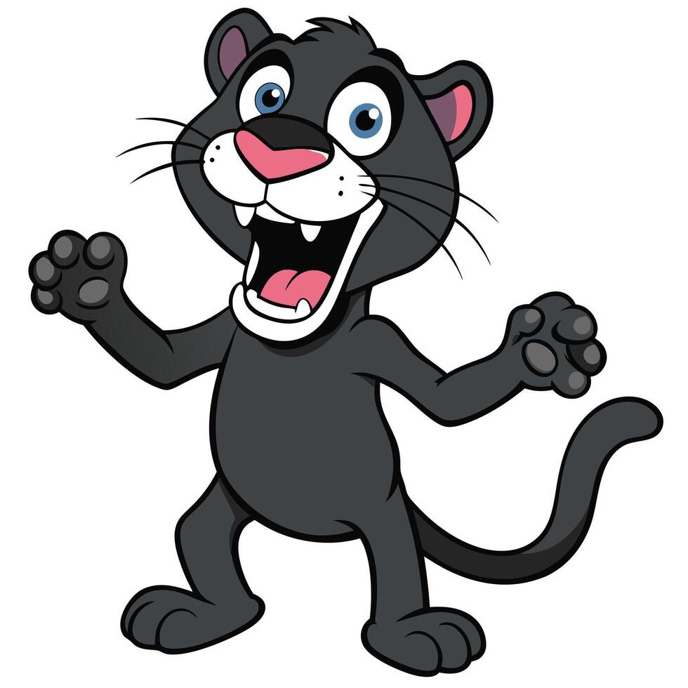 Cheerful cartoon black panther mascot with raised paws and playful expression vector