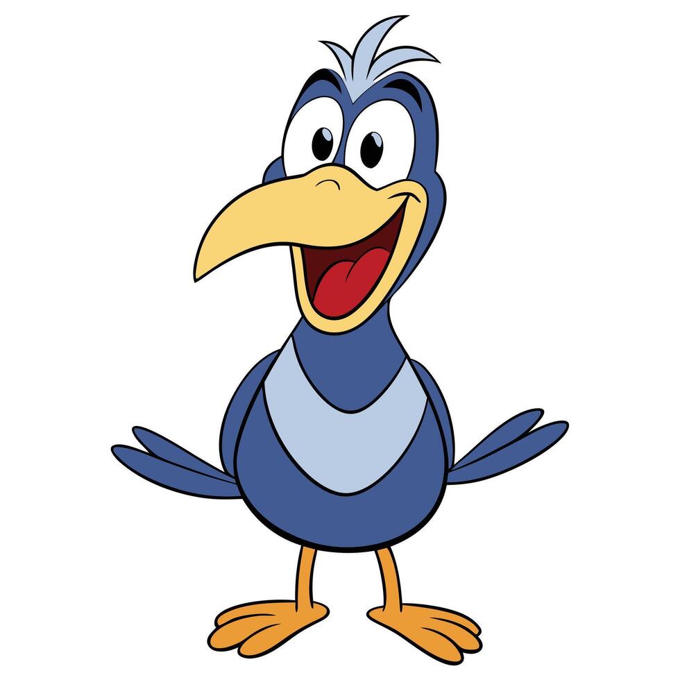 Cheerful blue bird cartoon character standing with open arms for hugging vector