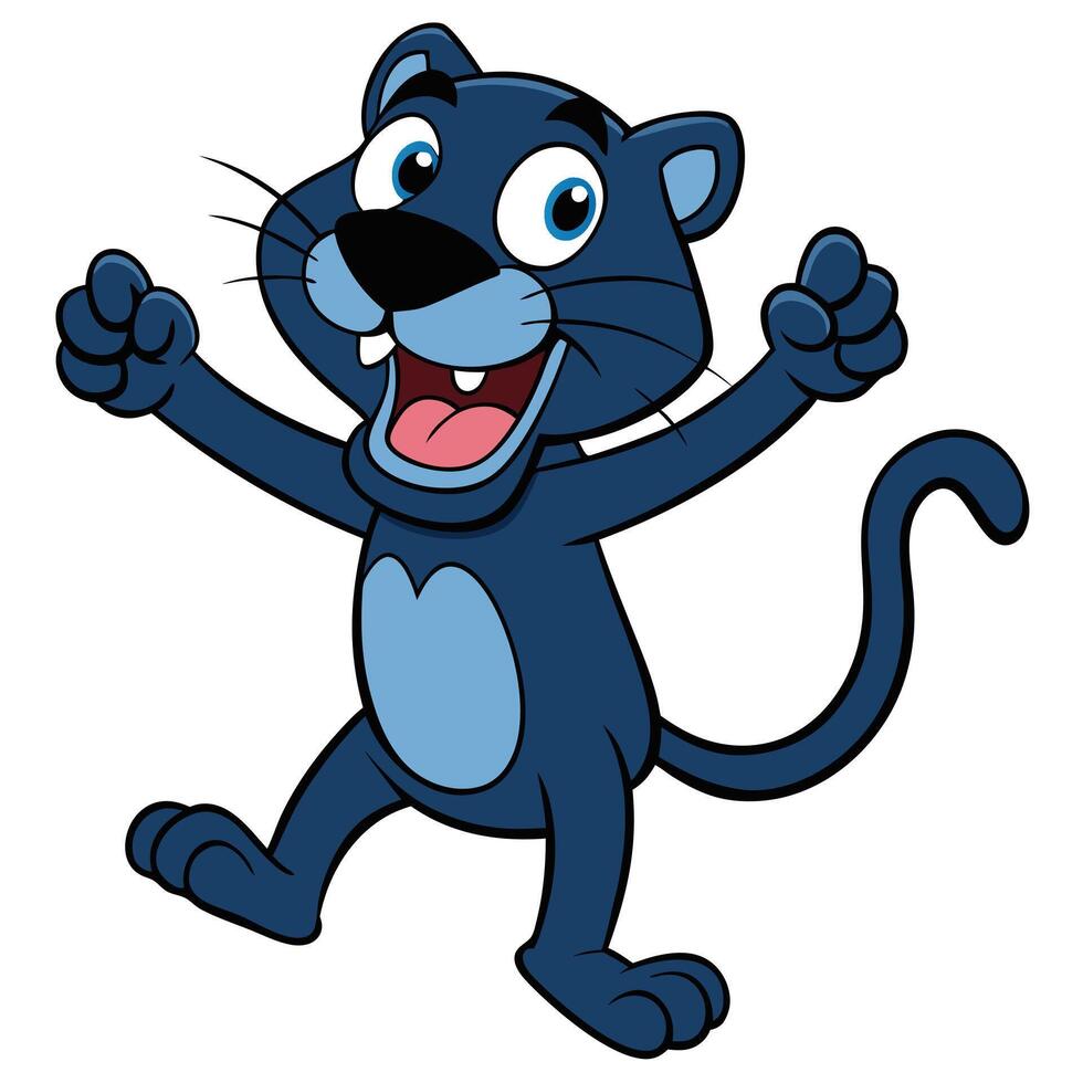 Joyful cartoon panther mascot character raising arms with excitement and celebration vector