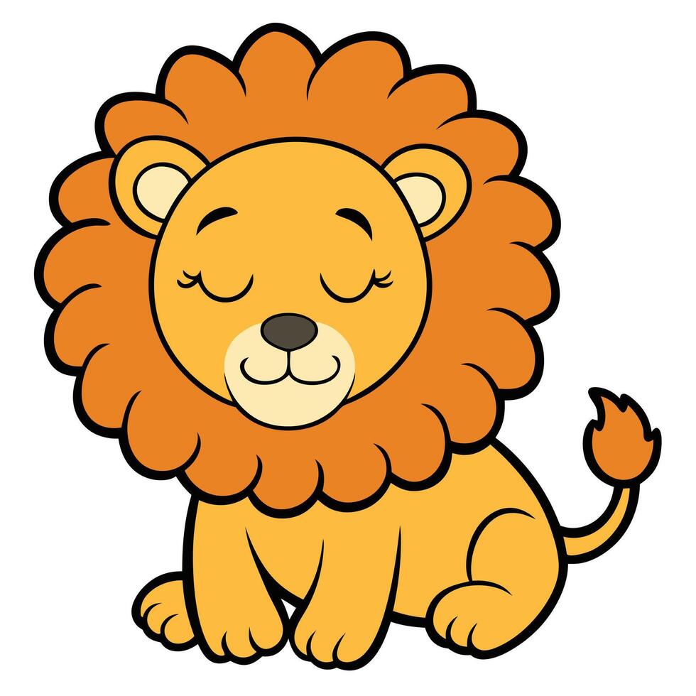 Cute cartoon lion cub sitting down with eyes closed calmly vector