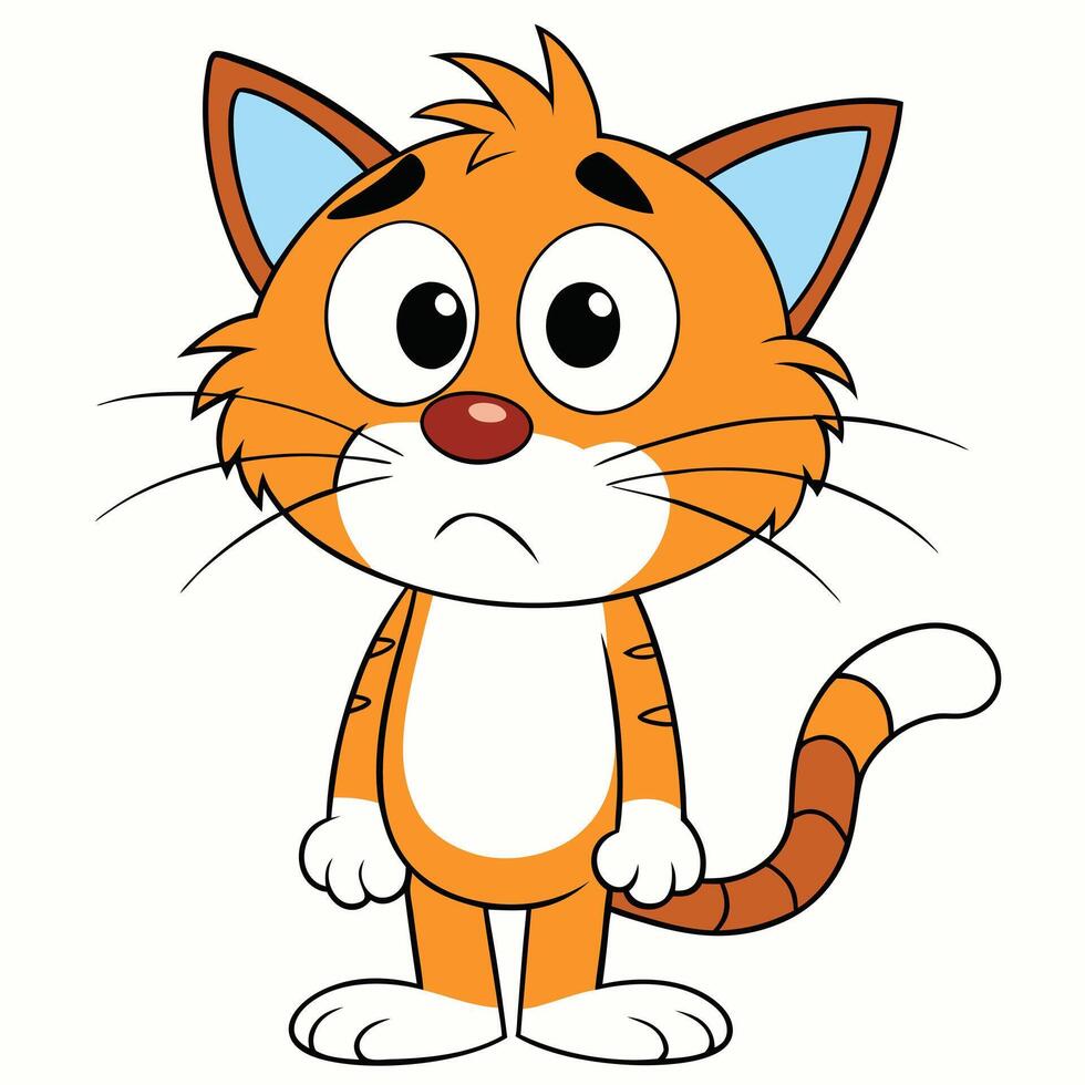 Cartoon ginger cat with sad expression standing on white background vector