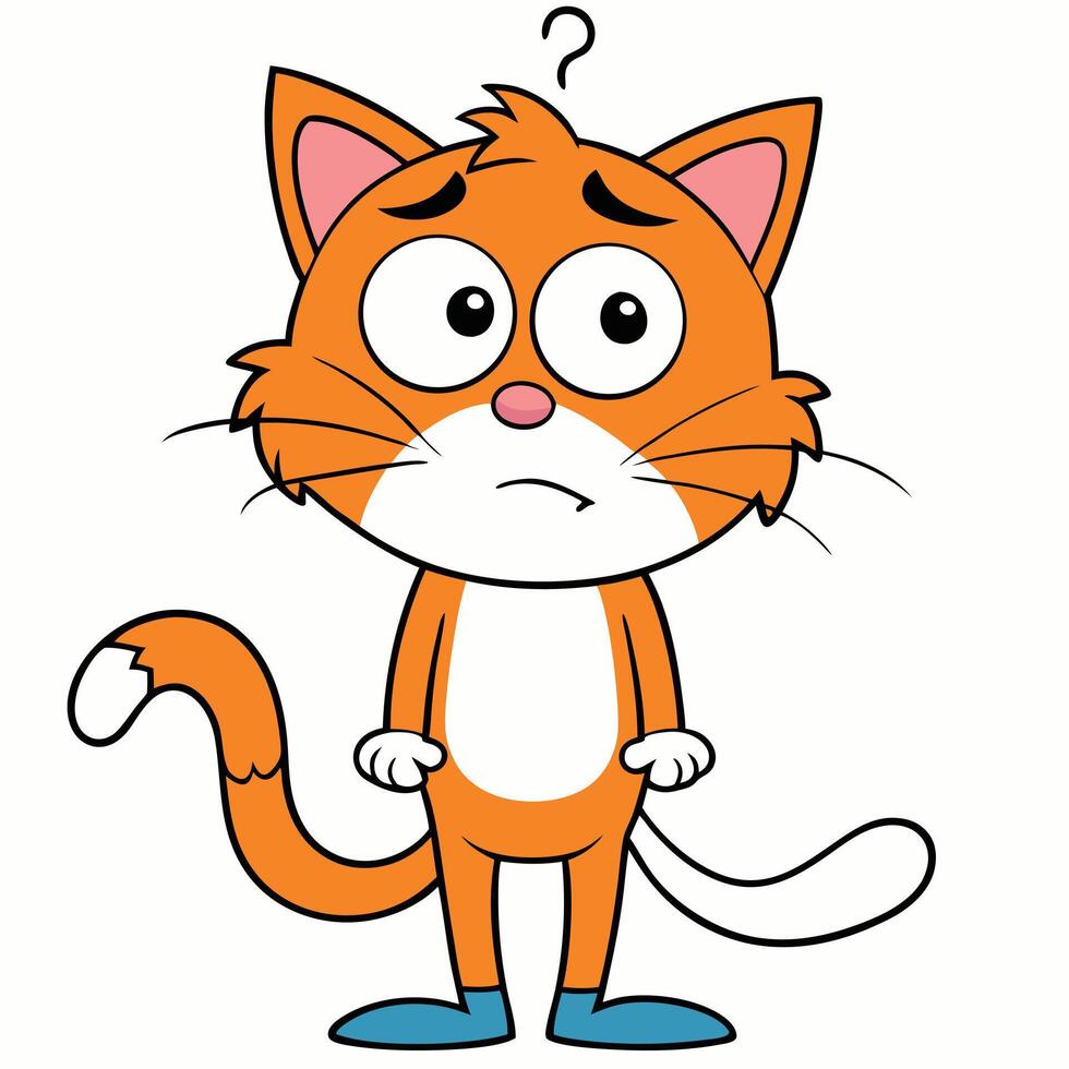 Cartoon orange cat character with question mark expressing confusion and uncertainty vector