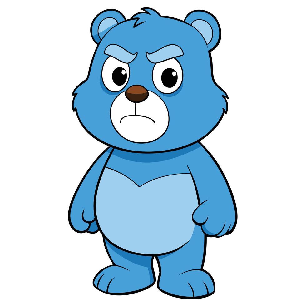 Cartoon blue bear character with frowning face expression and bold outline isolated vector