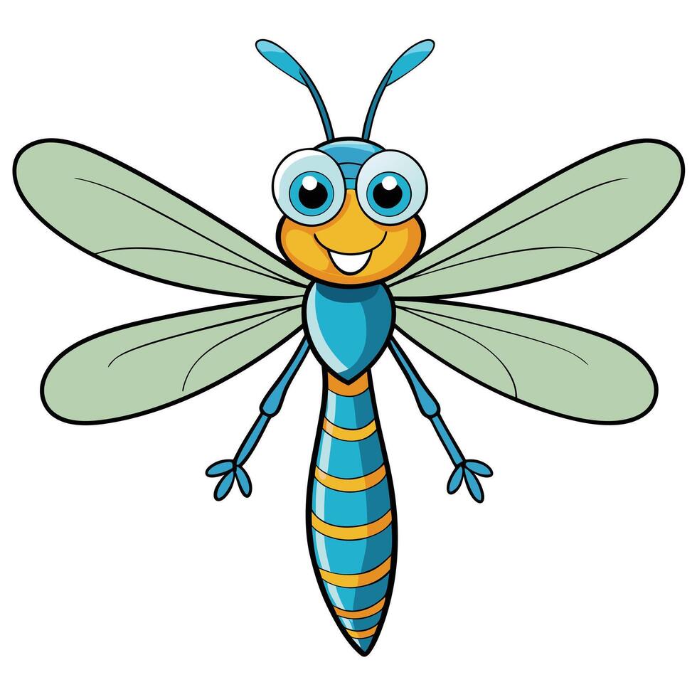 Cartoon illustration of a cute smiling dragonfly insect with wings vector