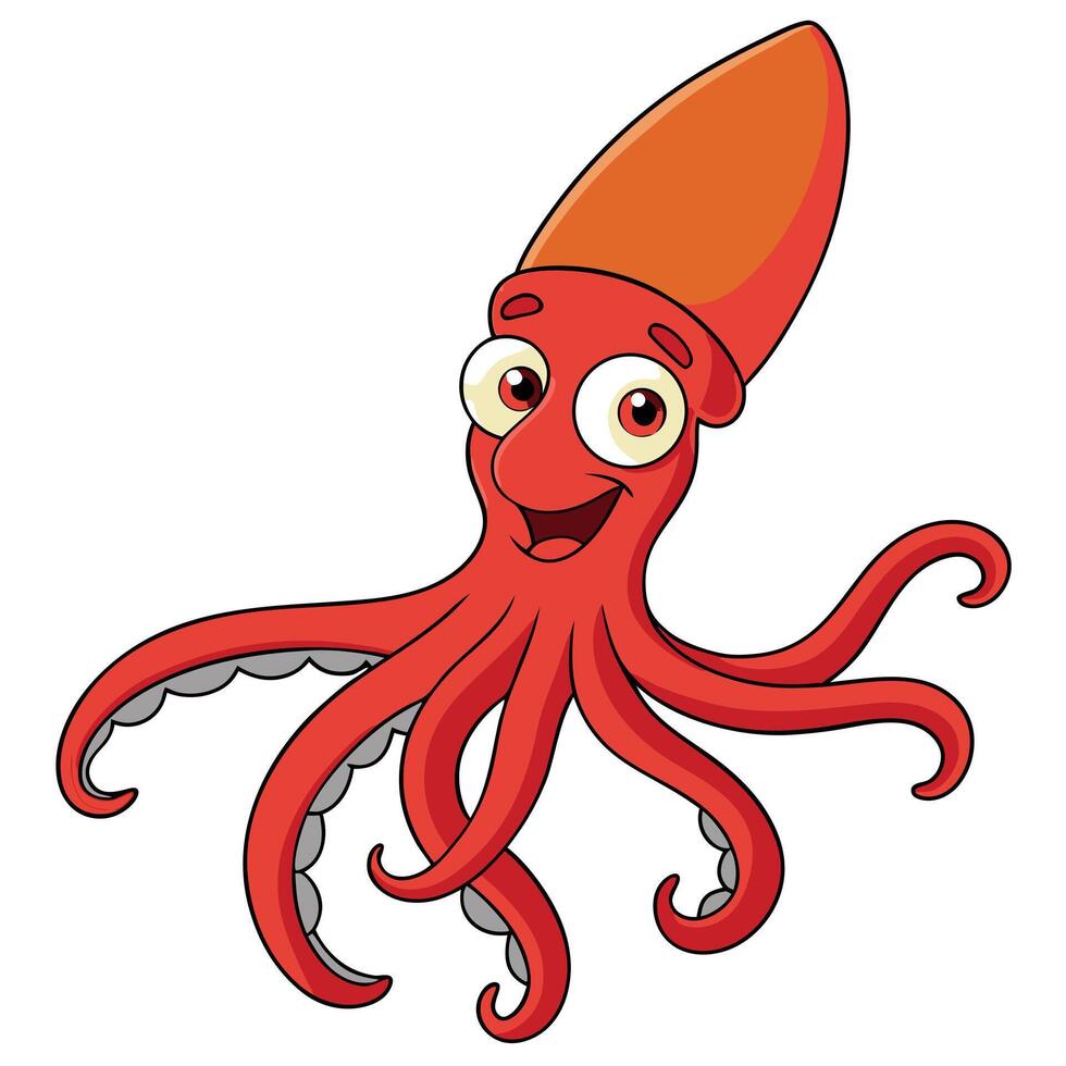 Cute and friendly red cartoon squid character with big eyes smiling vector