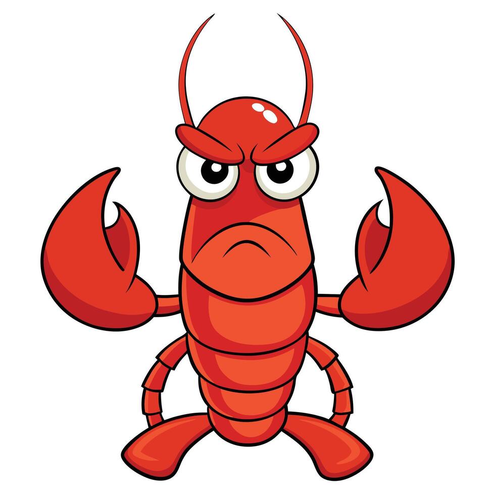 Angry cartoon lobster illustration with big claws and grumpy expression vector