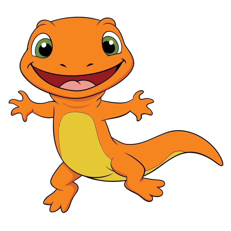 Cheerful cartoon orange salamander with big green eyes and a wide smile vector
