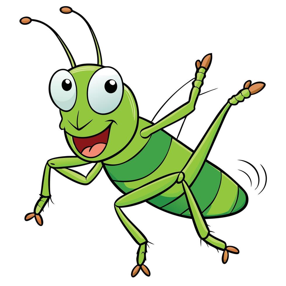Cheerful cartoon grasshopper character with big eyes and a happy smile dancing vector
