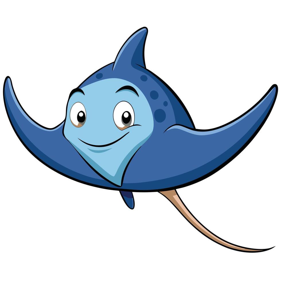 Cute blue cartoon stingray character illustration smiling on a white background vector