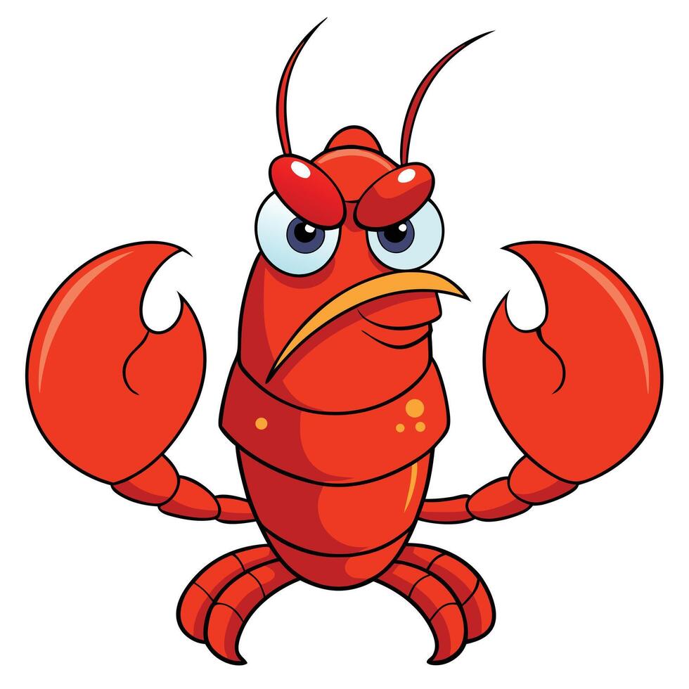 Cartoon red lobster with a grumpy expression and large claws isolated vector