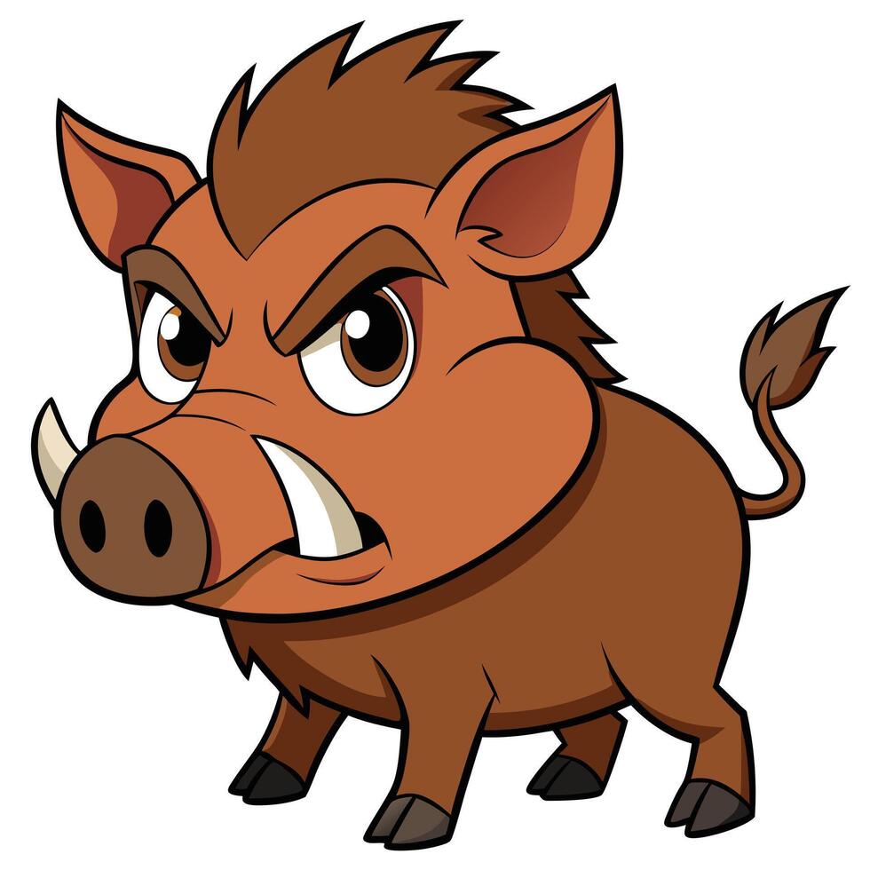 Cartoon wild boar character with angry expression and sharp tusks illustration vector