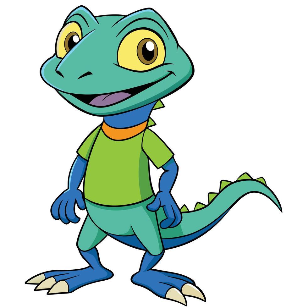 Cartoon lizard character wearing a t shirt standing upright and smiling vector