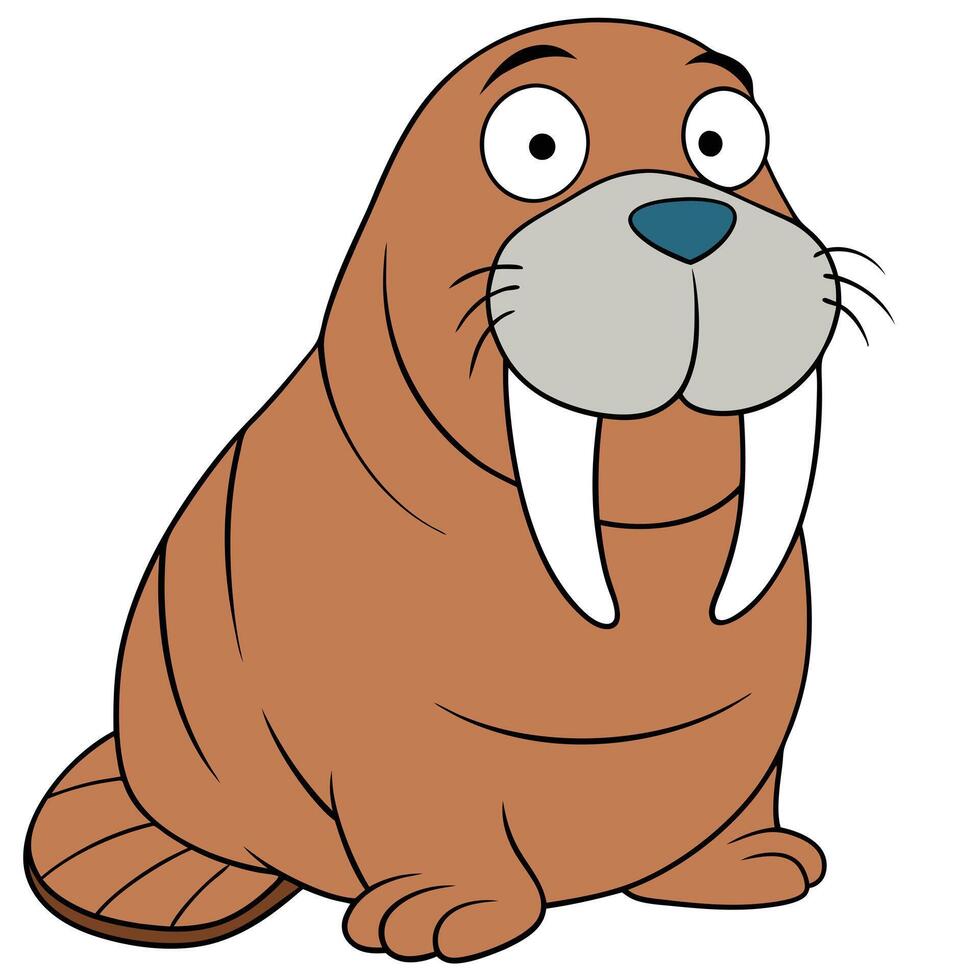 Cartoon walrus illustration with large tusks and brown fur vector