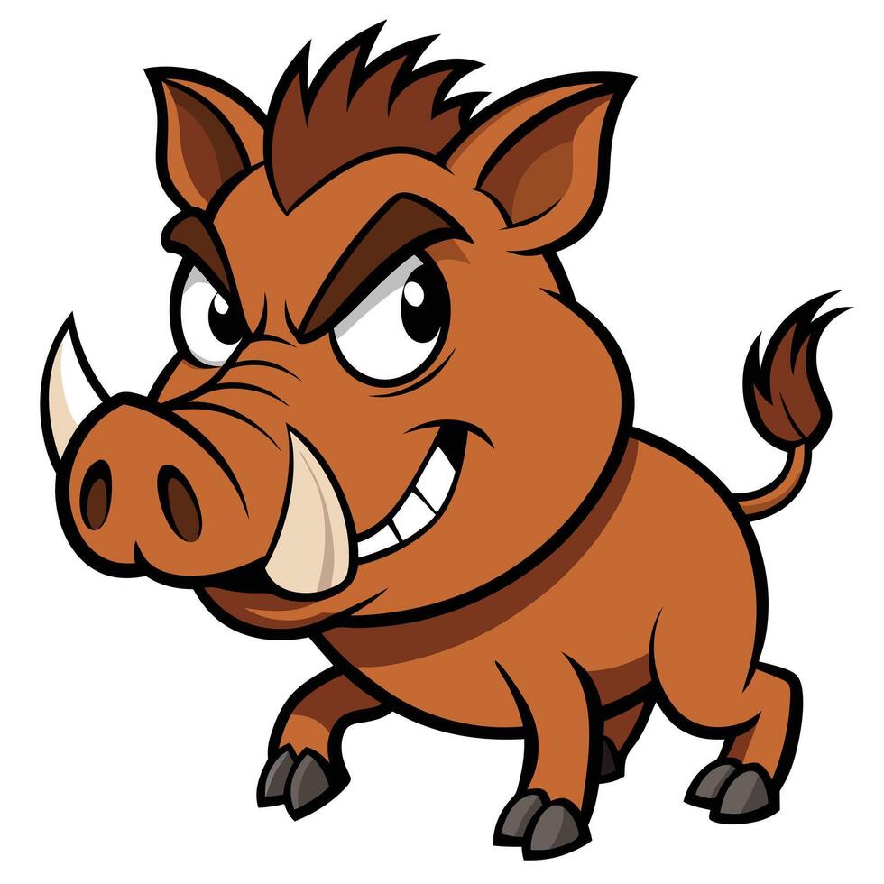 Cartoon wild boar illustration character with angry expression and sharp tusks vector