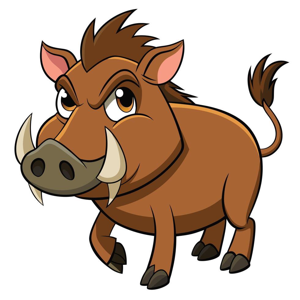 Cartoon warthog character illustration with angry expression and big tusks walking around vector