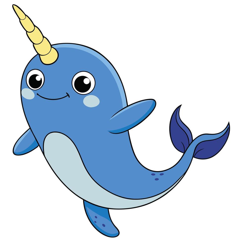 Cute cartoon narwhal illustration smiling with big eyes and a tusk vector