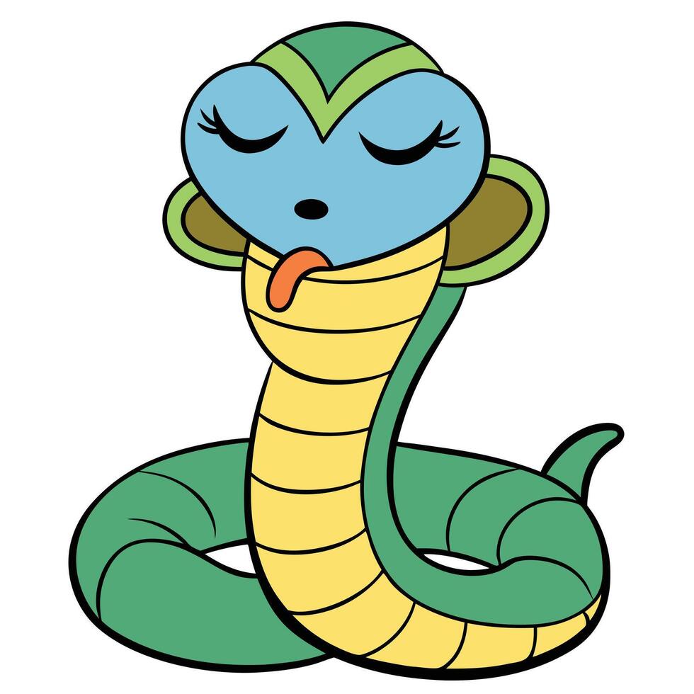 Cute cartoon cobra snake illustration with closed eyes and protruding tongue vector