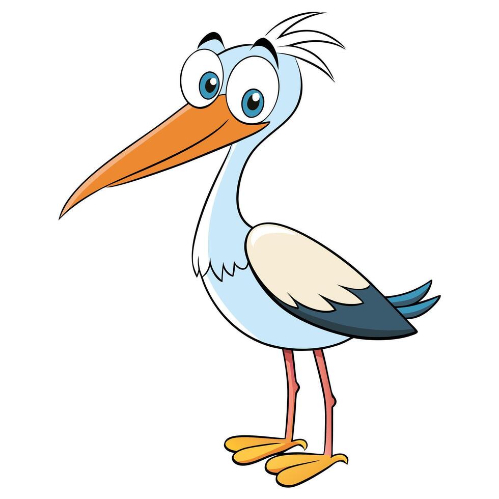 Cute cartoon stork illustration standing tall on white background for children vector